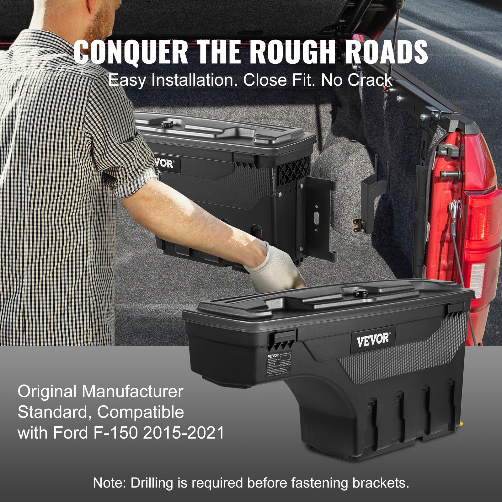 VEVOR Caja de Herramientas para Camión 25 L ABS Caja de Almacenamiento con Cerradura y Llave para Almacenamiento de Volcado de Coche, Compatible con Ford F-150 2015-2021, Lado del Pasajero, Negro