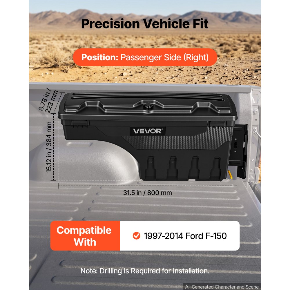 VEVOR Caja de Herramientas para Caja de Camioneta, 25 L, ABS Impermeable, Compatible con Ford F-150 1997-2014, Lado del Pasajero Derecho (Se Requiere Perforación), Cerradura de Combinación Antirrobo