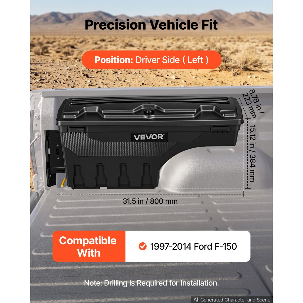 VEVOR Caja de Almacenamiento para Caja de Camioneta 25L, ABS Impermeable, Compatible con Ford F-150 1997-2014, Lado del Conductor Izquierdo Se Requiere Perforación, Cerradura de Combinación Antirrobo