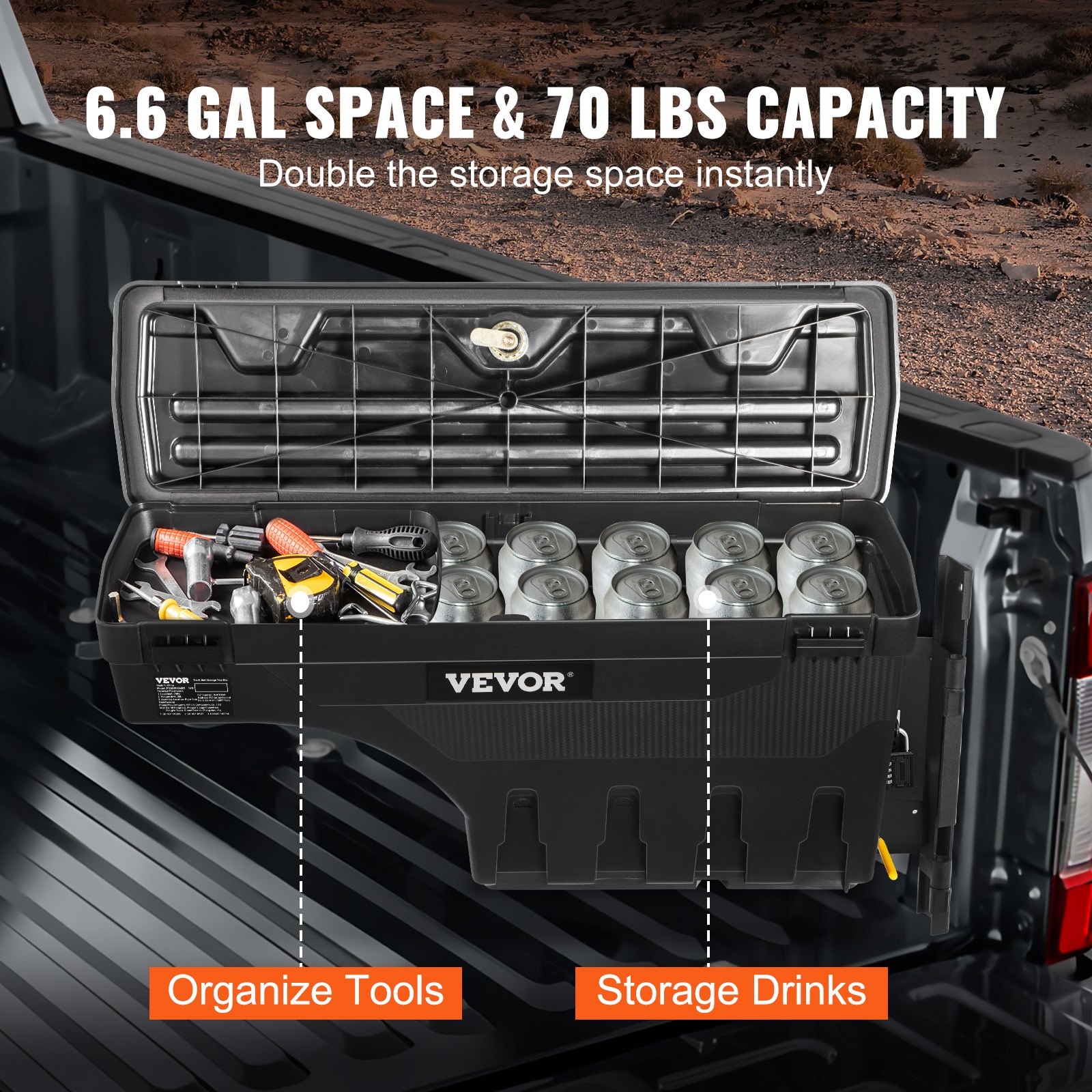 VEVOR Caja de Herramientas para Camión 25 L ABS Caja de Almacenamiento con Cerradura y Llave para Almacenamiento de Volcado de Coche, Compatible con Super Duty 2017-2021, Lado del Pasajero, Negro