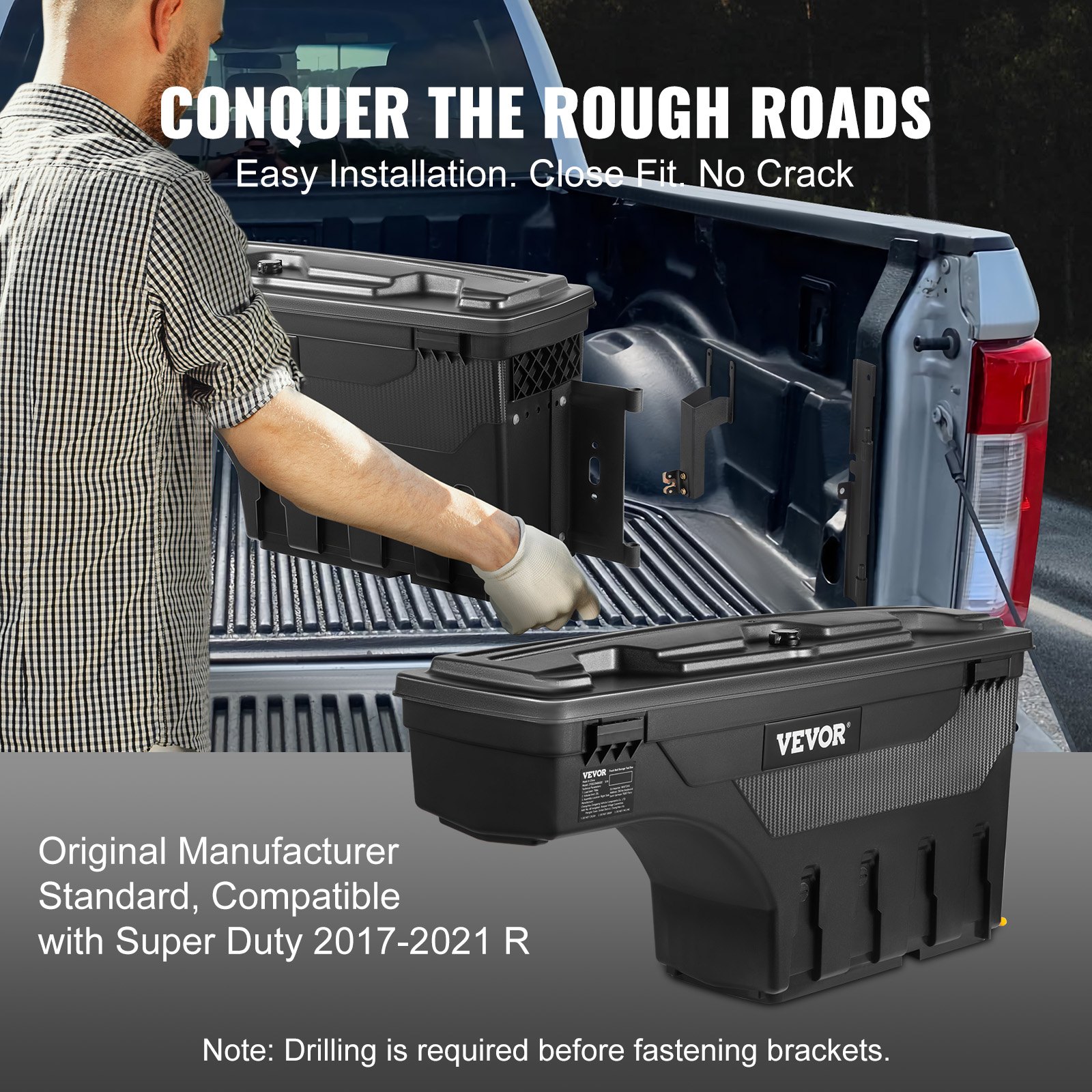 VEVOR Caja de Herramientas para Camión 25 L ABS Caja de Almacenamiento con Cerradura y Llave para Almacenamiento de Volcado de Coche, Compatible con Super Duty 2017-2021, Lado del Pasajero, Negro