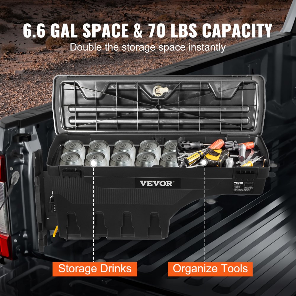 VEVOR Caja de Herramientas para Camión 25 L ABS Caja de Almacenamiento con Cerradura y Llave para Almacenamiento de Volcado de Coche, Compatible con Super Duty 2017-2021, Lado del Conductor, Negro