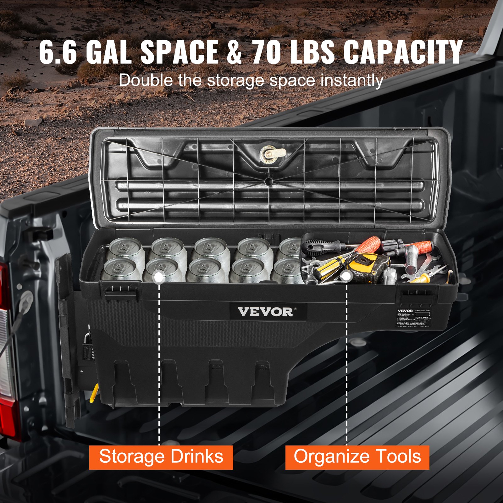 VEVOR Caja de Herramientas para Camión 25 L ABS Caja de Almacenamiento con Cerradura y Llave para Almacenamiento de Volcado de Coche, Compatible con Super Duty 2017-2021, Lado del Conductor, Negro