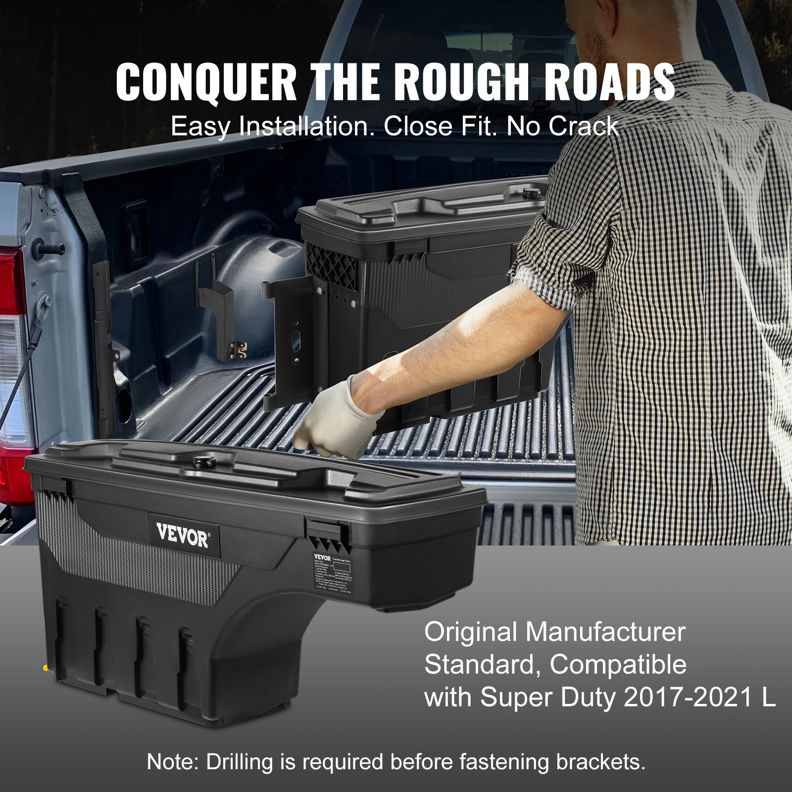 VEVOR Caja de Herramientas para Camión 25 L ABS Caja de Almacenamiento con Cerradura y Llave para Almacenamiento de Volcado de Coche, Compatible con Super Duty 2017-2021, Lado del Conductor, Negro