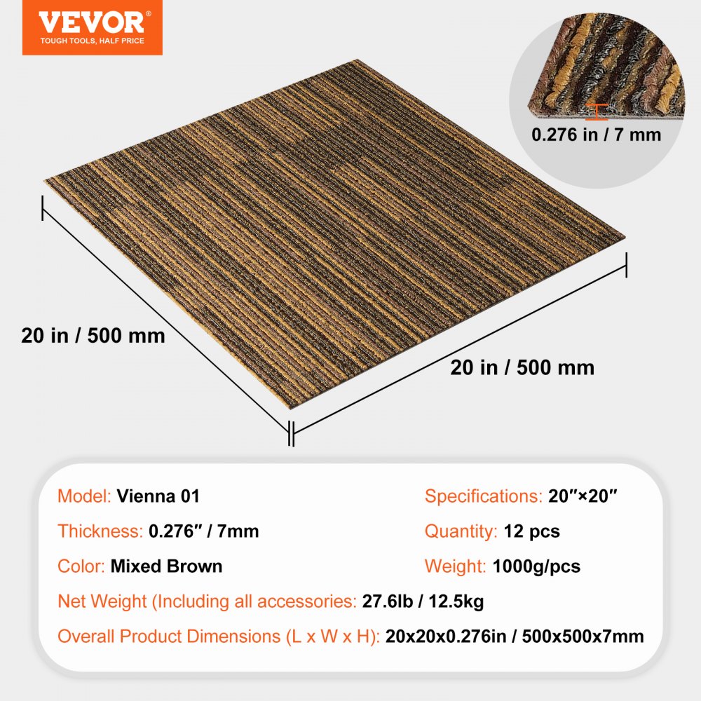 VEVOR Carpet Tiles, 500 x 500 mm, Carpet with Attached Padding, Soft Padded Carpet Tiles, Easy DIY Installation for Bedrooms and Living Rooms (12 Pieces, Mixed Brown)