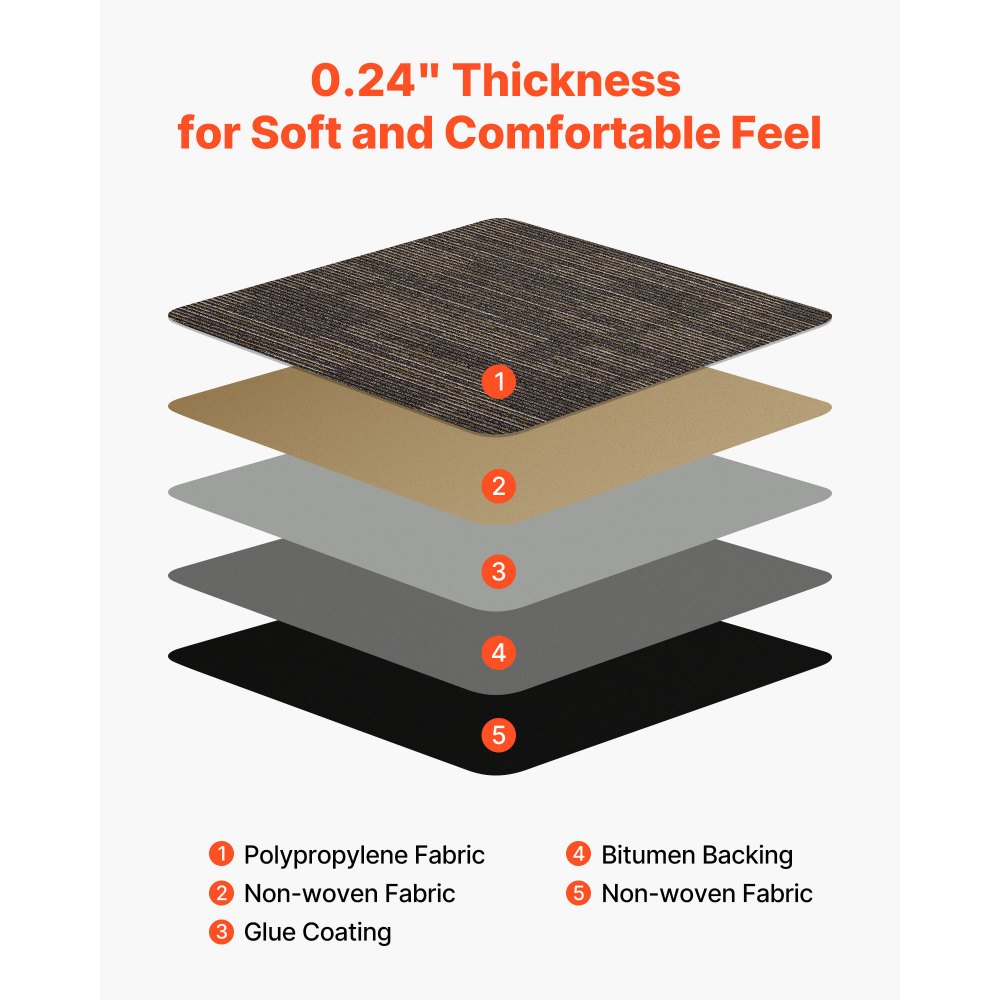 VEVOR Carpet Tiles Reusable 610x610 mm, 24 PCS Modular Carpet Square Rug, Commercial Floor Soft Padded for Seamless Cover 8.9㎡, Easy DIY Replacement for Living Room Bedroom Indoor, Gray & Brown