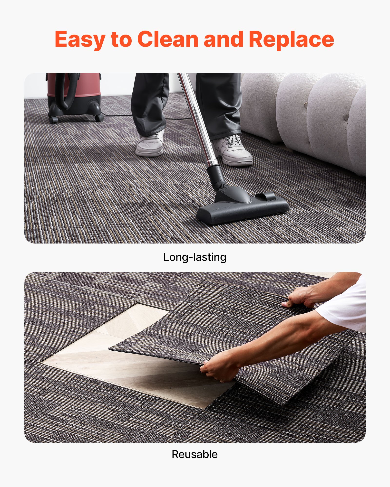 VEVOR Losetas de Alfombra Reutilizables de 609,6 x 609,6 x 6 mm, 24 uds, Alfombra Modular Cuadrada, Suave, Acolchada, sin Costuras, 9 m², para Sala de Estar, Dormitorio, Interior, Gris y Marrón