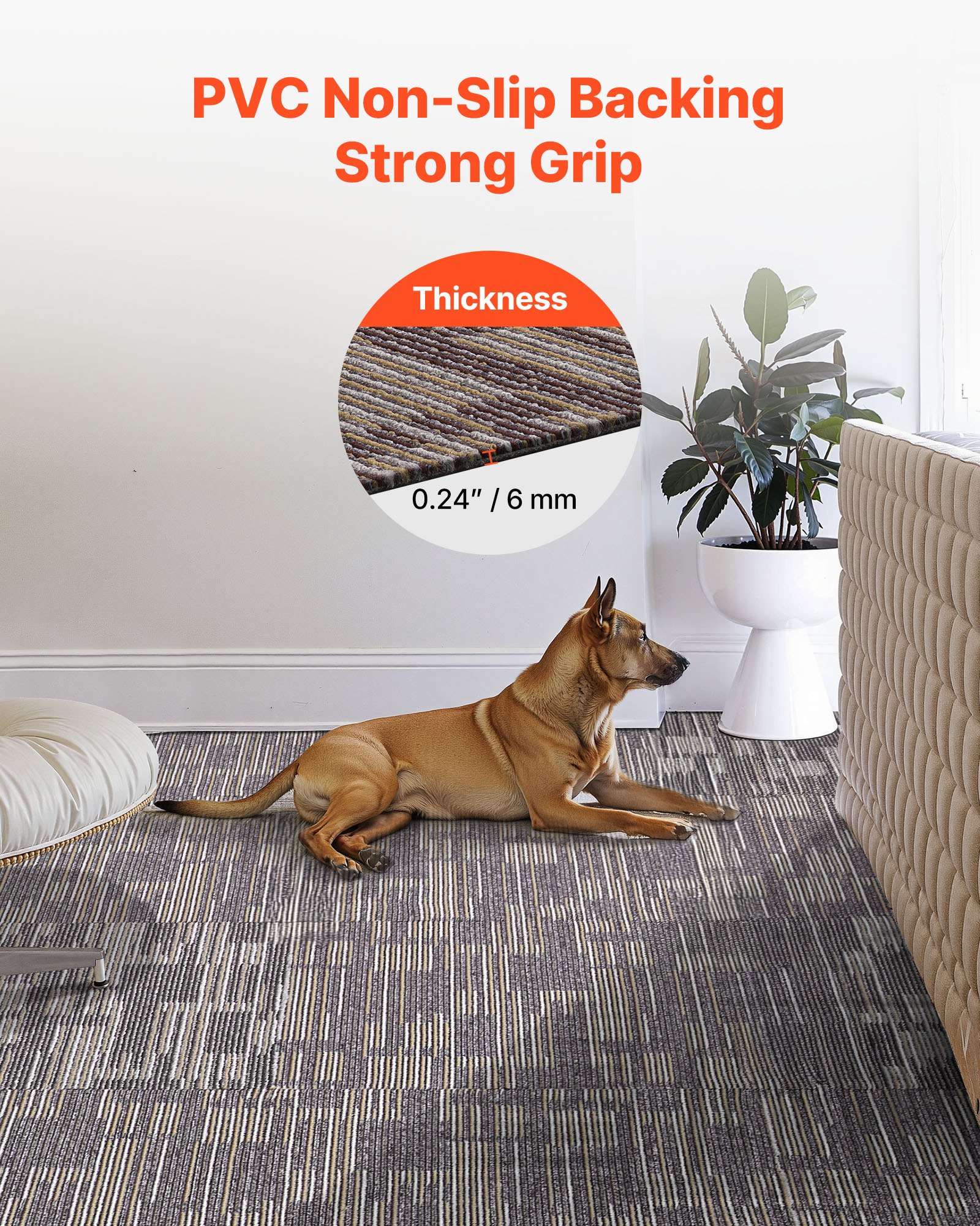 VEVOR Carpet Tiles Reusable 610x610 mm, 24 PCS Modular Carpet Square Rug, Commercial Floor Soft Padded for Seamless Cover 8.9㎡, Easy DIY Replacement for Living Room Bedroom Indoor, Gray & Brown