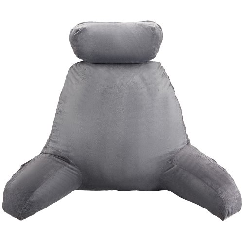 VEVOR Almohada de Lectura con Reposacabezas Extraíble, Respaldo con 3 Bolsillos, Espuma Viscoelástica Triturada y Tela Corta de Terciopelo Lavable, Lateral con Asas para Leer y Descansar, Gris