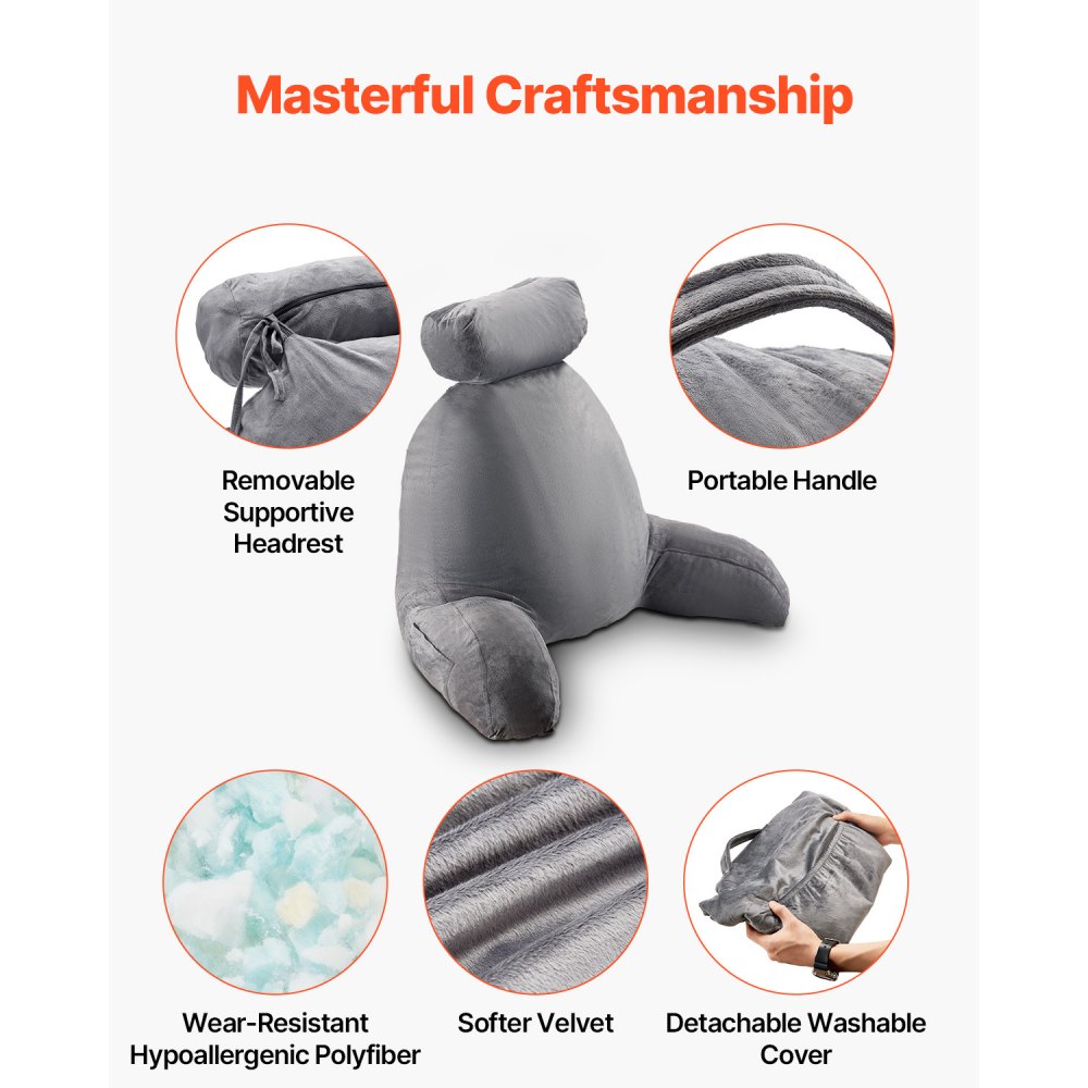 VEVOR Almohada de Lectura con Reposacabezas Extraíble, Respaldo con 3 Bolsillos, Espuma Viscoelástica Triturada y Tela Corta de Terciopelo Lavable, Lateral con Asas para Leer y Descansar, Gris