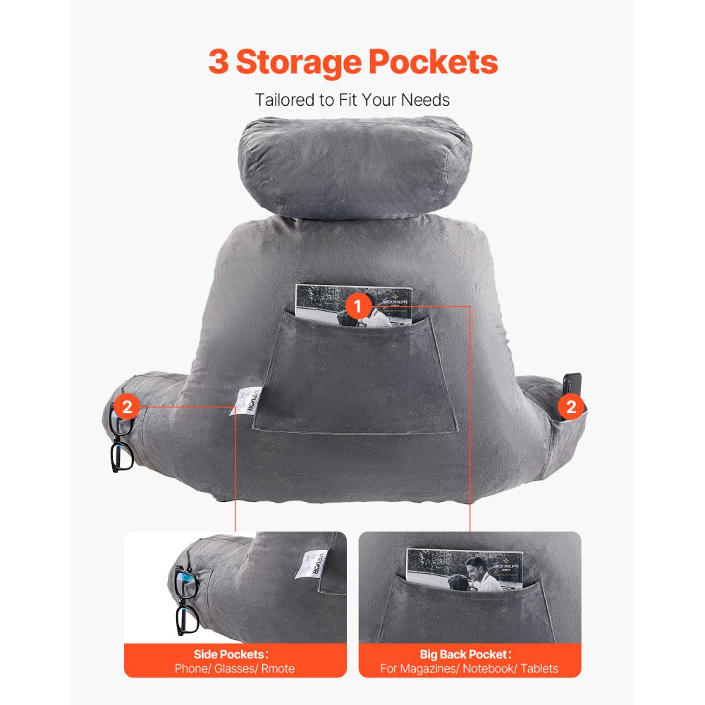 VEVOR Almohada de Lectura con Reposacabezas Extraíble, Respaldo con 3 Bolsillos, Espuma Viscoelástica Triturada y Tela Corta de Terciopelo Lavable, Lateral con Asas para Leer y Descansar, Gris