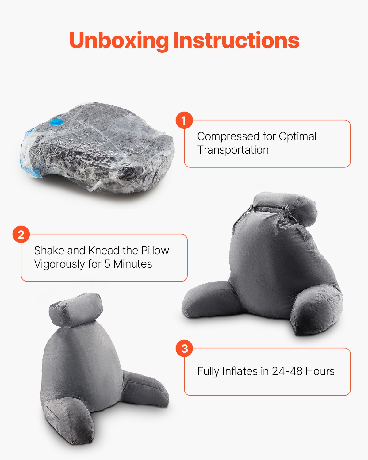 VEVOR Almohada de Lectura con Reposacabezas Extraíble, Respaldo con 3 Bolsillos, Espuma Viscoelástica Triturada y Tela Corta de Terciopelo Lavable, Lateral con Asas para Leer y Descansar, Gris