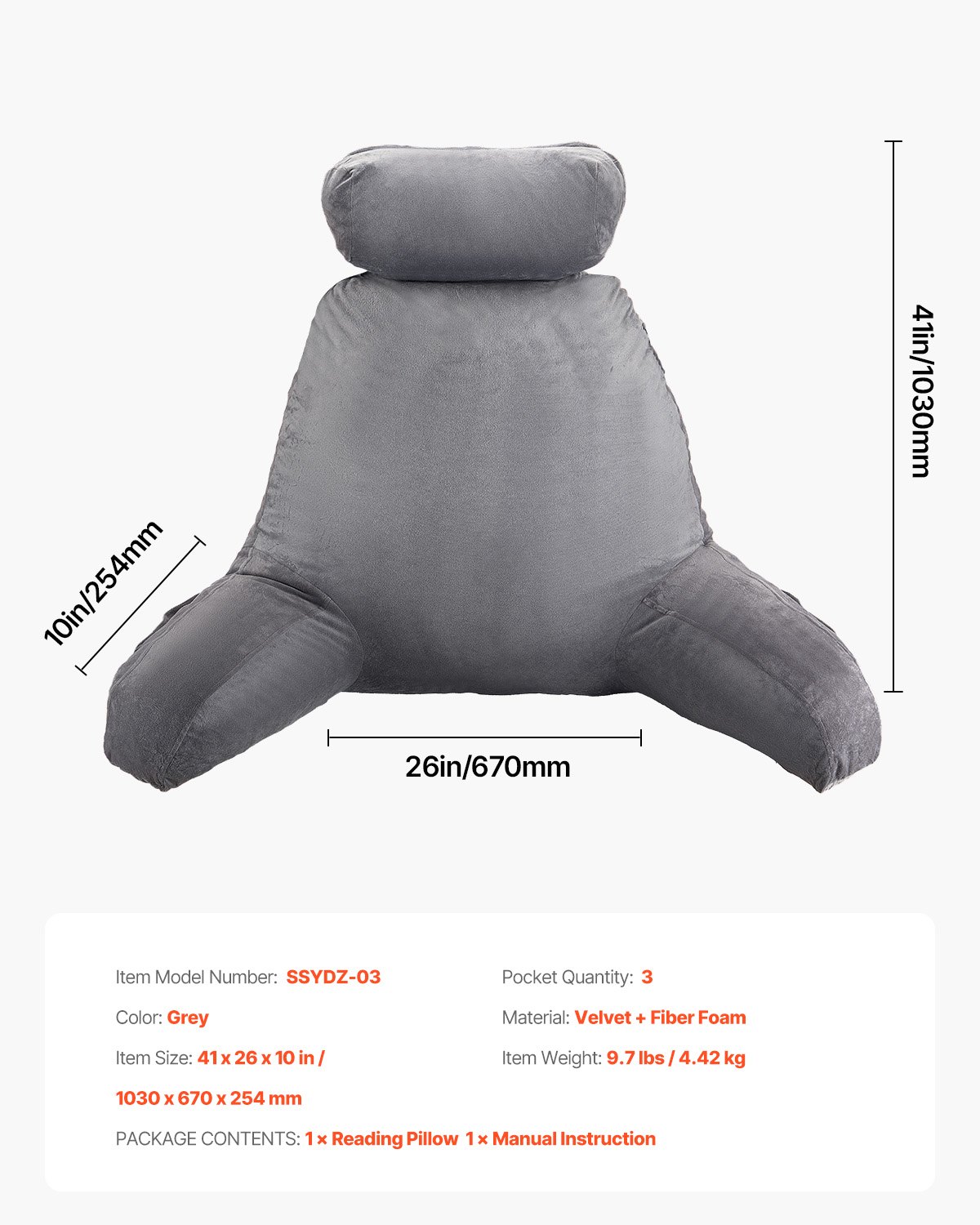 VEVOR Almohada de Lectura con Reposacabezas Extraíble, Respaldo con 3 Bolsillos, Espuma Viscoelástica Triturada y Tela Corta de Terciopelo Lavable, Lateral con Asas para Leer y Descansar, Gris