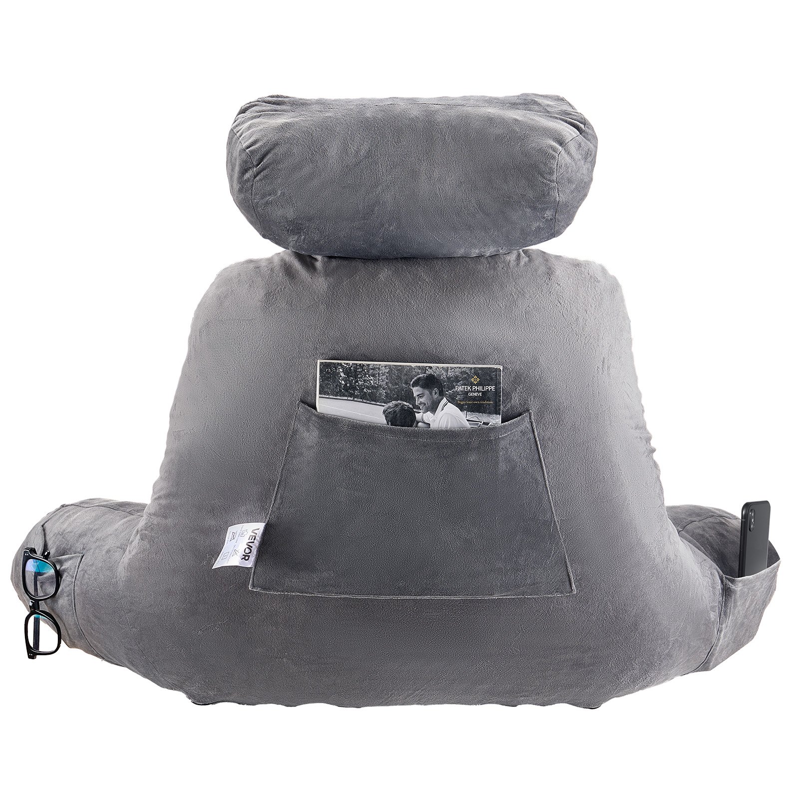 VEVOR Almohada de Lectura con Reposacabezas Extraíble, Respaldo con 3 Bolsillos, Espuma Viscoelástica Triturada y Tela Corta de Terciopelo Lavable, Lateral con Asas para Leer y Descansar, Gris