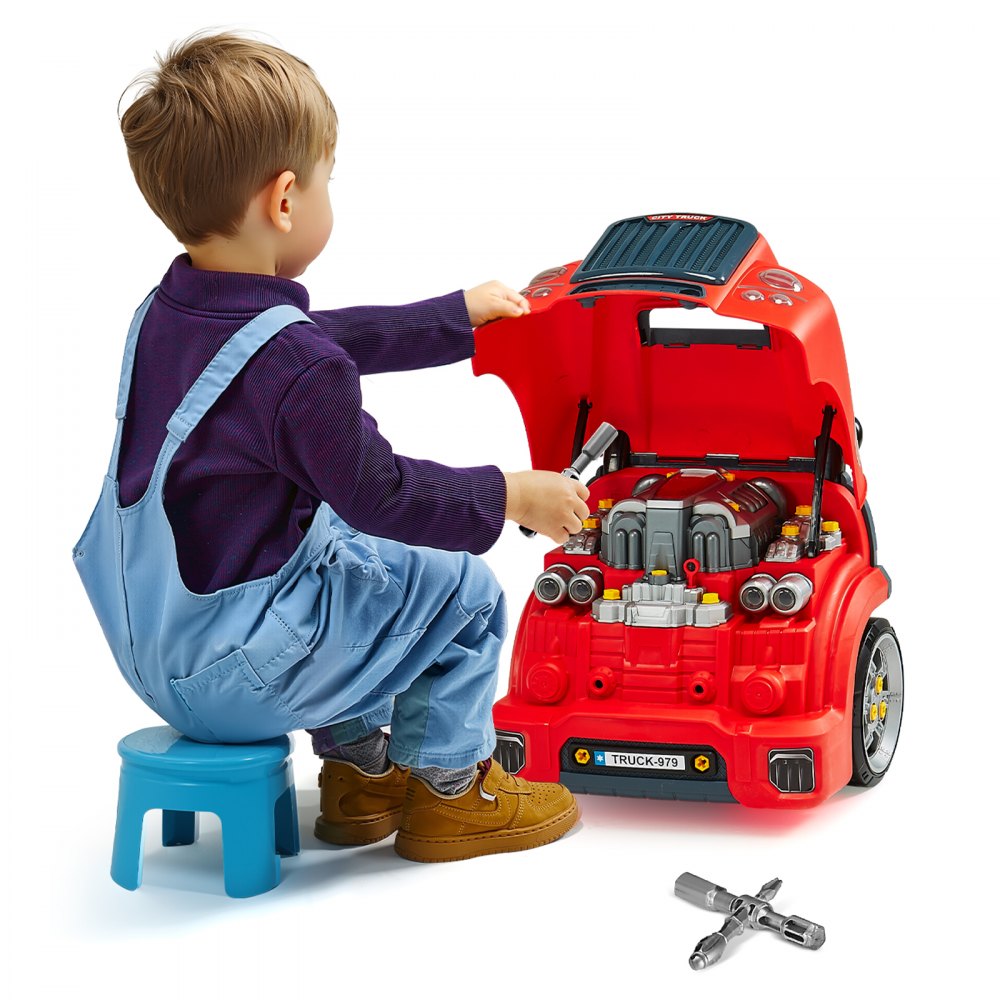 VEVOR Juguete de Motor, 60 PCS Juego de Reparación de Coches para Niños con Piezas Desmontables, Luces y Sonidos, Volante y Bocina, Juego de Taller Mecánico para Niños de 3 Años en Adelante, Rojo