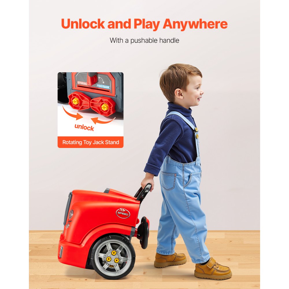 VEVOR Juguete de Motor, 60 PCS Juego de Reparación de Coches para Niños con Piezas Desmontables, Luces y Sonidos, Volante y Bocina, Juego de Taller Mecánico para Niños de 3 Años en Adelante, Rojo