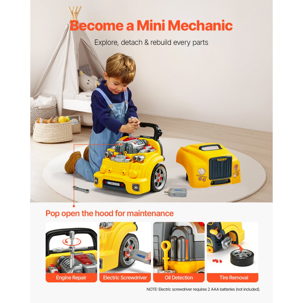 VEVOR Juguete de motor, 60 PCS Juego de Reparación de Coches de Niños con Piezas Desmontables, Luces y Sonidos, Volante y Bocina, Juego de Taller Mecánico para Niños de 3 Años en Adelante, Amarillo