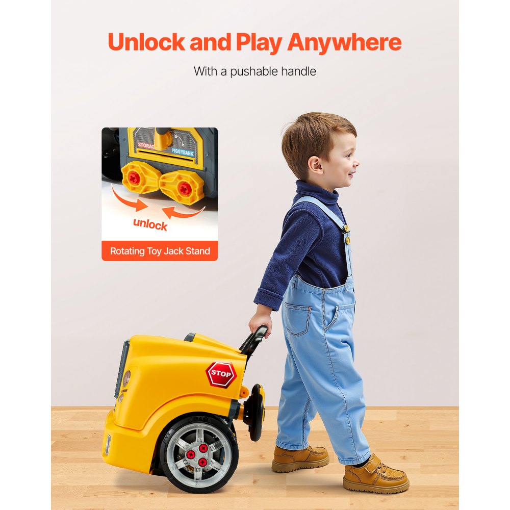 VEVOR Juguete de motor, 60 PCS Juego de Reparación de Coches de Niños con Piezas Desmontables, Luces y Sonidos, Volante y Bocina, Juego de Taller Mecánico para Niños de 3 Años en Adelante, Amarillo