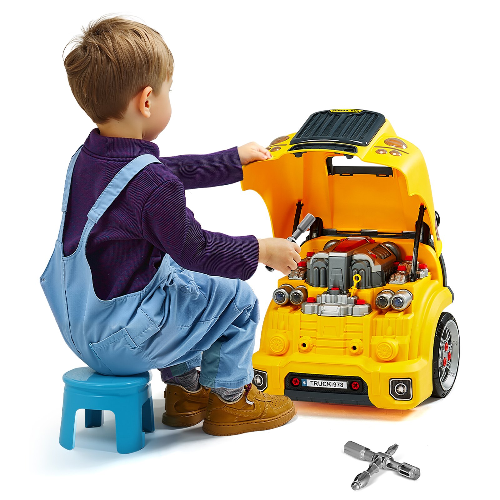 VEVOR Juguete de motor, 60 PCS Juego de Reparación de Coches de Niños con Piezas Desmontables, Luces y Sonidos, Volante y Bocina, Juego de Taller Mecánico para Niños de 3 Años en Adelante, Amarillo