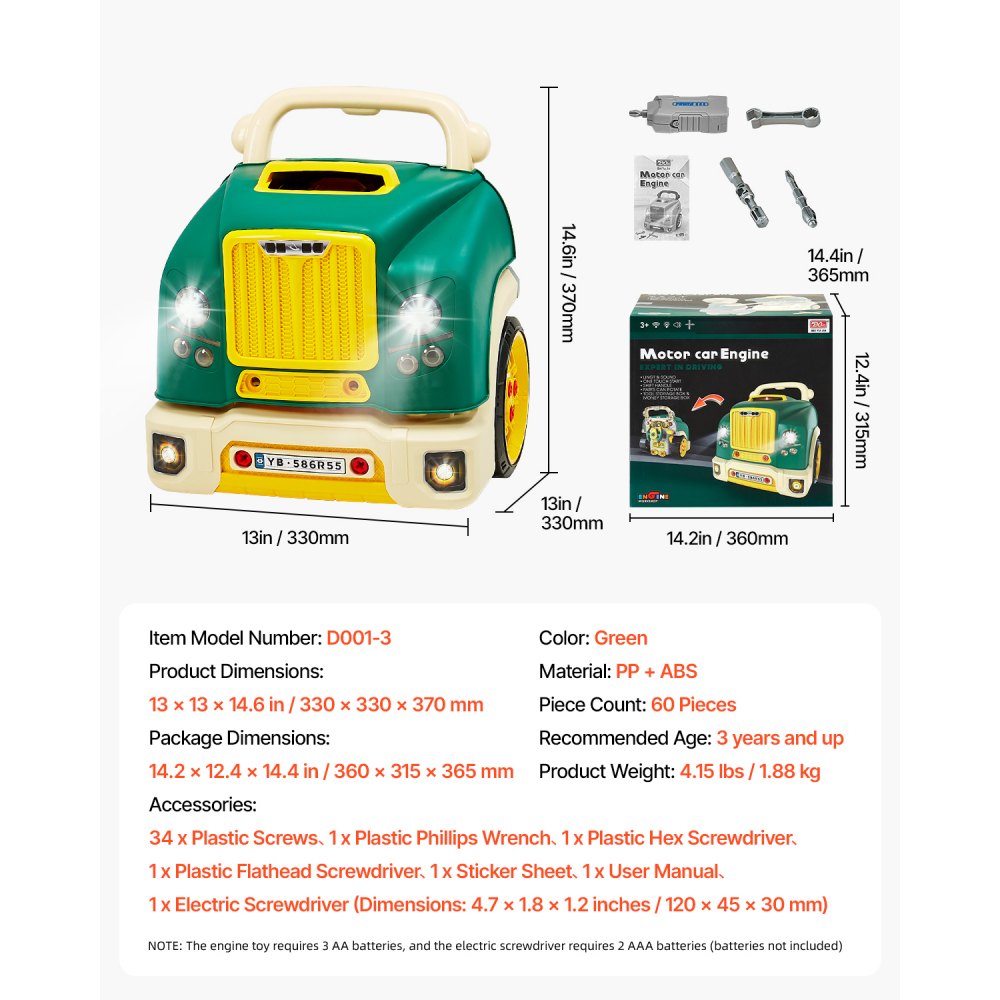 VEVOR Motor Toy, 60-Piece Car Repair Kit for Children, with Detachable Parts, Lights and Sounds, Steering Wheel and Horn, Mechanic Workshop Set for Children Ages 3 and Up, Green
