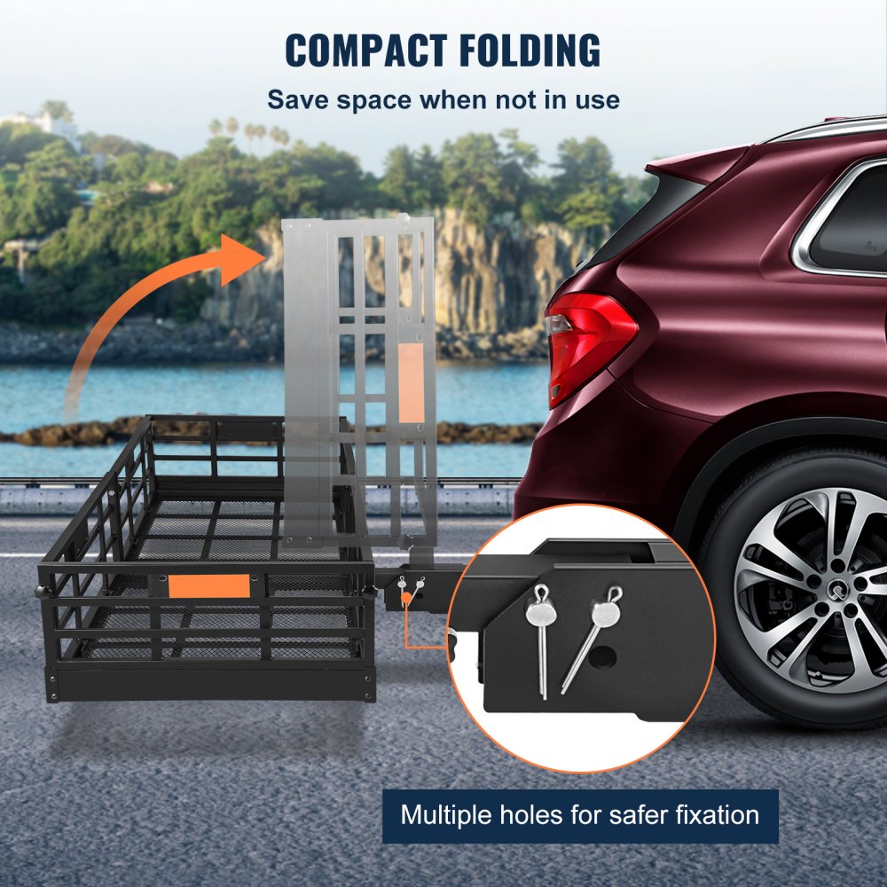 VEVOR Portador de Carga con Enganche 152,4 x 60 x 36,6 cm Tubo de Acero Receptor de 5 cm Portaequipajes con Canasta Plegable Carga de 226,8 kg con Estabilizador para Carga Trasera Camión SUV Viaje