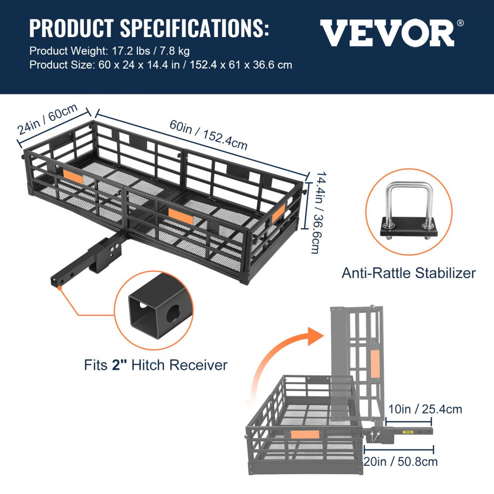 VEVOR Portador de Carga con Enganche 152,4 x 60 x 36,6 cm Tubo de Acero Receptor de 5 cm Portaequipajes con Canasta Plegable Carga de 226,8 kg con Estabilizador para Carga Trasera Camión SUV Viaje