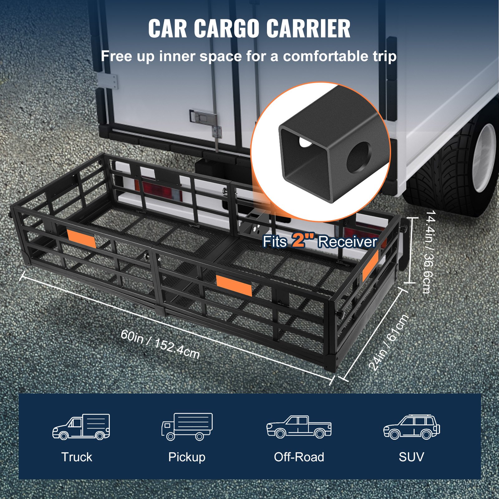 VEVOR Portador de Carga con Enganche 152,4 x 60 x 36,6 cm Tubo de Acero Receptor de 5 cm Portaequipajes con Canasta Plegable Carga de 226,8 kg con Estabilizador para Carga Trasera Camión SUV Viaje