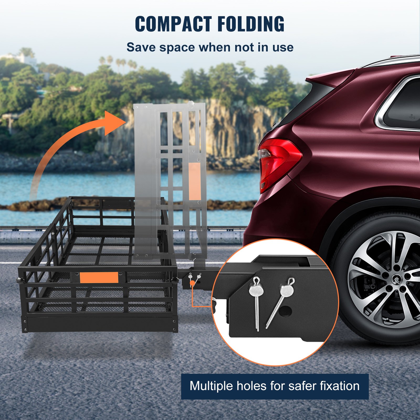 VEVOR Portador de Carga con Enganche 152,4 x 60 x 36,6 cm Tubo de Acero Receptor de 5 cm Portaequipajes con Canasta Plegable Carga de 226,8 kg con Estabilizador para Carga Trasera Camión SUV Viaje