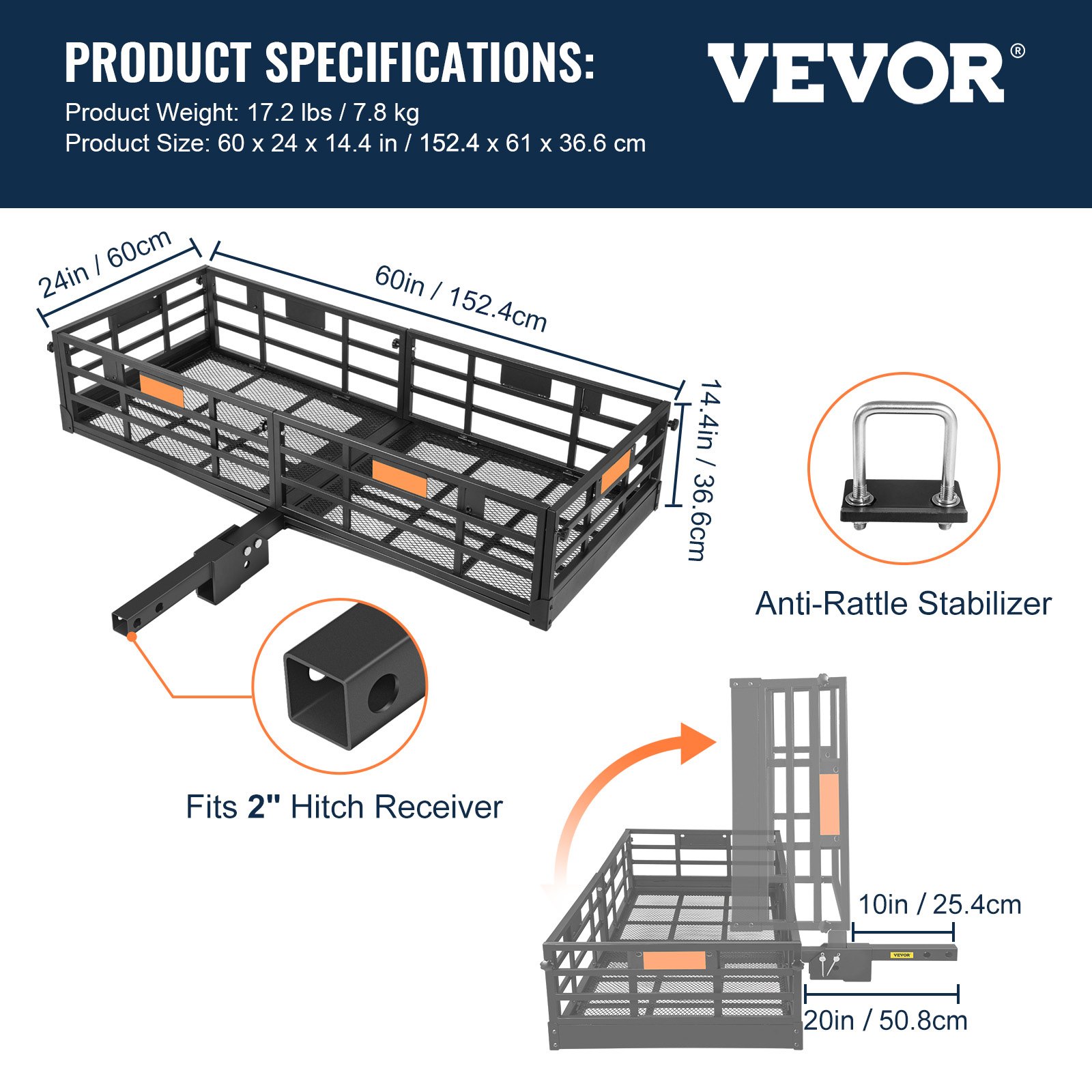 VEVOR Portador de Carga con Enganche 152,4 x 60 x 36,6 cm Tubo de Acero Receptor de 5 cm Portaequipajes con Canasta Plegable Carga de 226,8 kg con Estabilizador para Carga Trasera Camión SUV Viaje