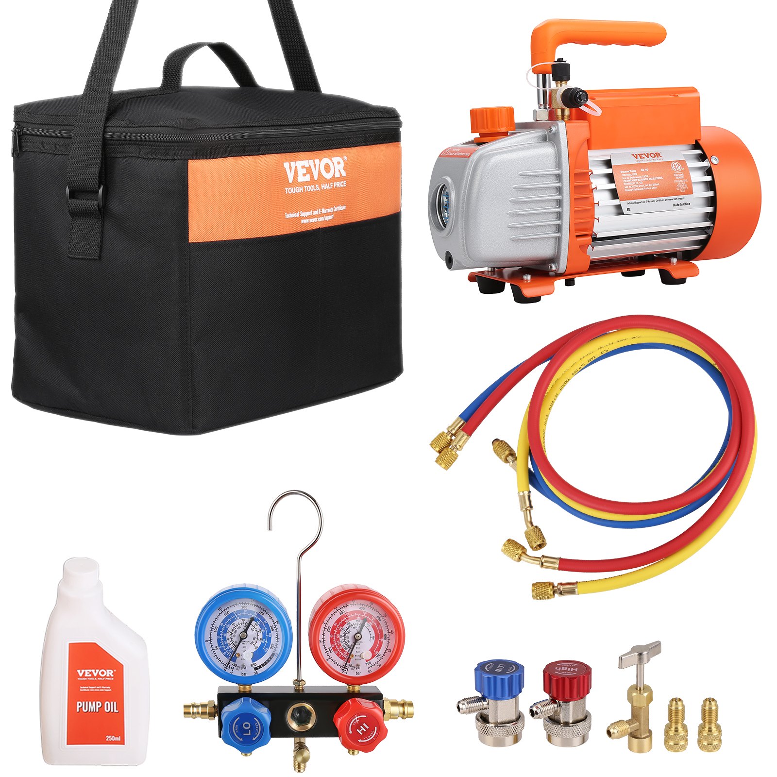 VEVOR Bomba de Vacío para Aire Acondicionado 100 L/min Bomba de Vacío HVAC 150 W con Kit de Manómetro y Manguera de Goma Tricolor 1440 rpm Bolsa de Transporte para R134a Aire Acondicionado de Coche