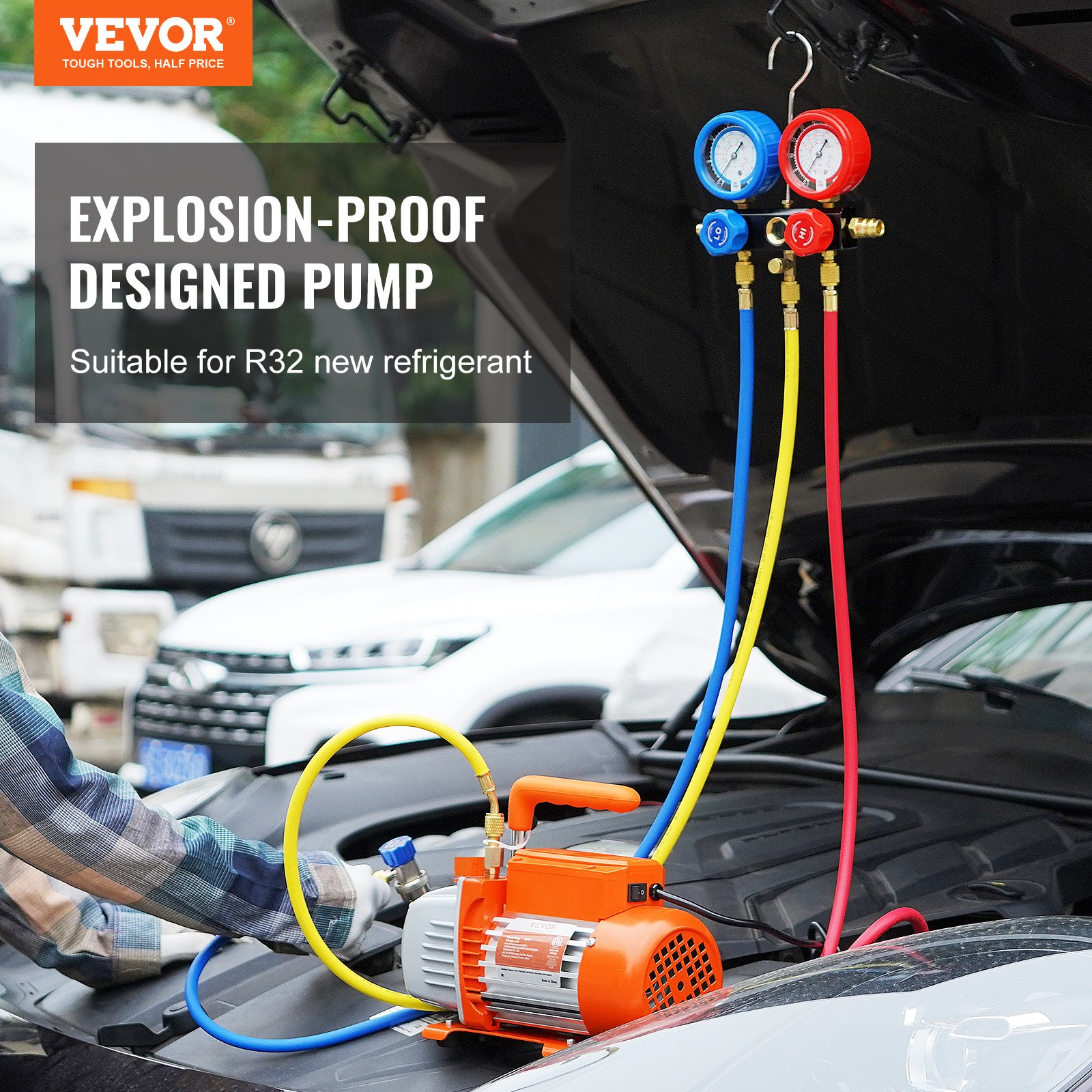 VEVOR Bomba de Vacío Aire Acondicionado 113 L/min Bomba de Vacío HVAC 180 W con Kit Manómetros y Manguera de Goma Tricolor 1440 rpm Bolsa de Transporte para R134a Aire Acondicionado Frigorífico Coche