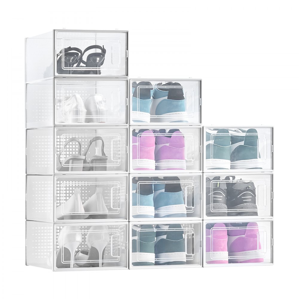 VEVOR Shoe Storage Boxes, 12 Pack Stackable Shoe Boxes Storage Organizers, Fit up to US Size 11, Plastic Modular Space Saving Sneaker Containers for Storing High Heels, Boots, and Hats, White Frame