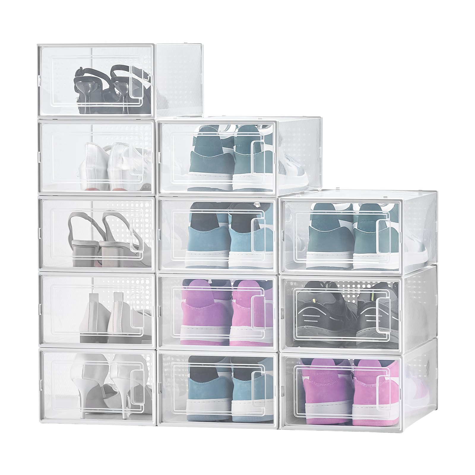 VEVOR Shoe Storage Boxes, 12 Pack Stackable Shoe Boxes Storage Organizers, Fit up to US Size 11, Plastic Modular Space Saving Sneaker Containers for Storing High Heels, Boots, and Hats, White Frame