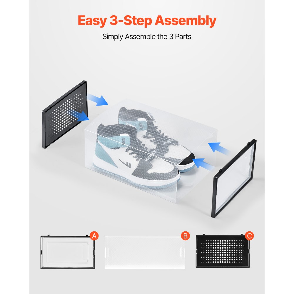 VEVOR Shoe Storage Boxes, 12 Pack Stackable Shoe Boxes Storage Organizers, Fit up to US Size 11, Plastic Modular Space Saving Sneaker Containers for Storing High Heels, Boots, and Hats, Black Frame