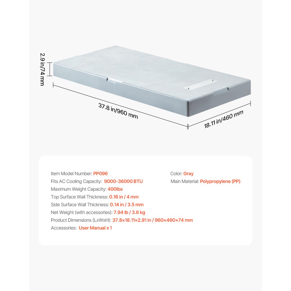 VEVOR Almohadilla para Aire Acondicionado sin Conductos 9000-36000 BTU Base Universal para Minisplit 96x46x7,4 cm Almohadilla Antivibración de Plástico para Condensadores Exteriores Carga de 181 kg