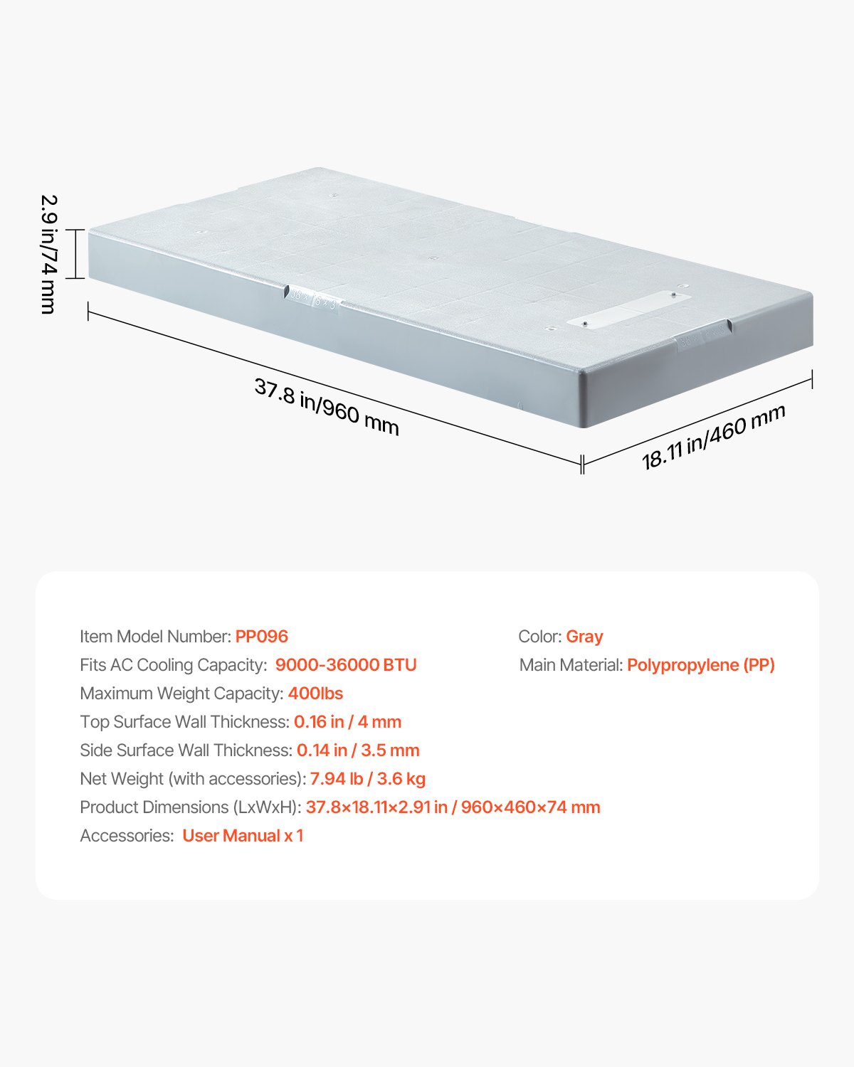 VEVOR Almohadilla para Aire Acondicionado sin Conductos 9000-36000 BTU Base Universal para Minisplit 96x46x7,4 cm Almohadilla Antivibración de Plástico para Condensadores Exteriores Carga de 181 kg