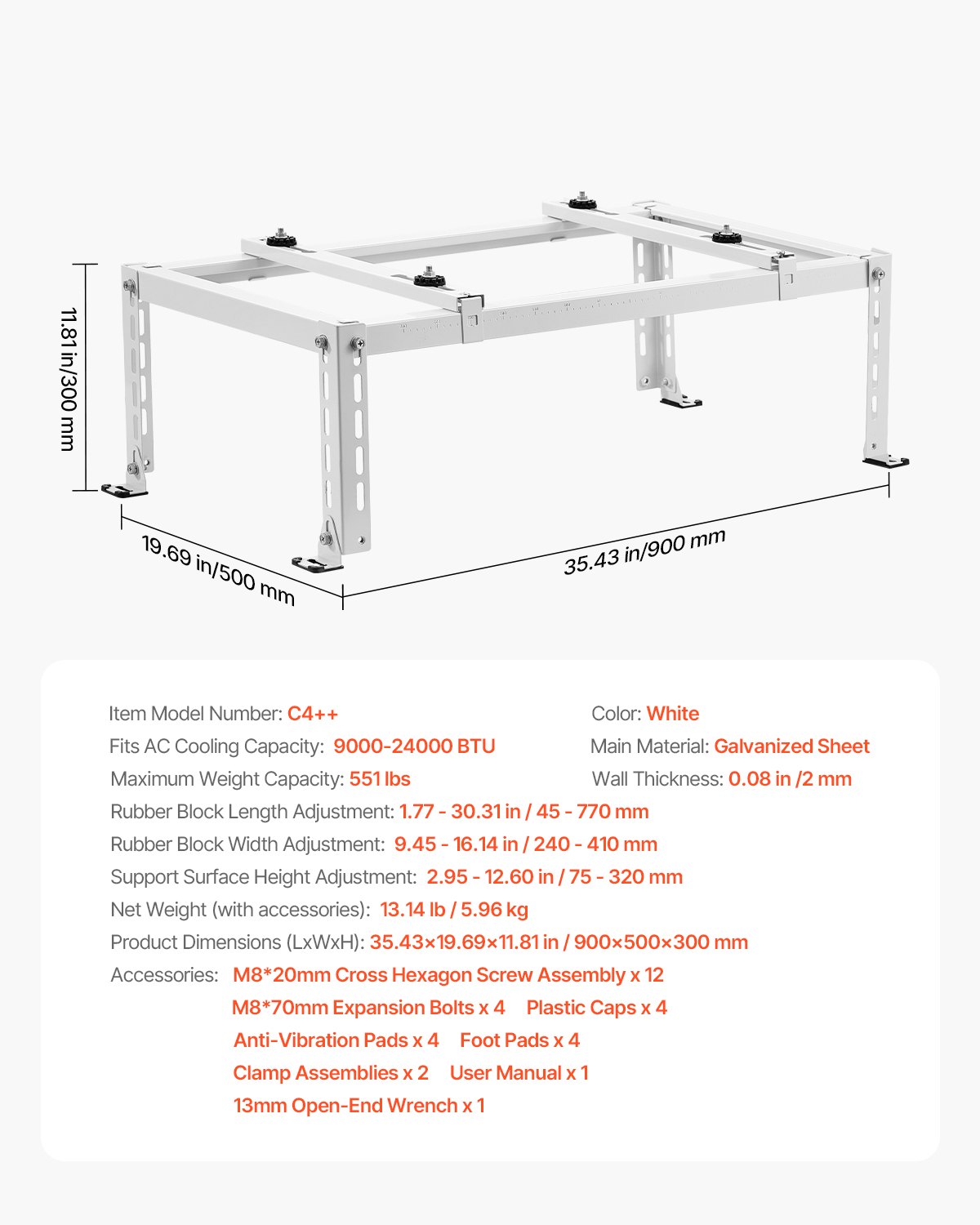 VEVOR Soporte de Suelo para Minisplit Ajustable y Antivibración para Aire Acondicionado sin Conductos 9000-24000 BTU Soporte de Base Resistente Capacidad de Carga Máxima de 250 kg, 90 x 50 x 30 cm