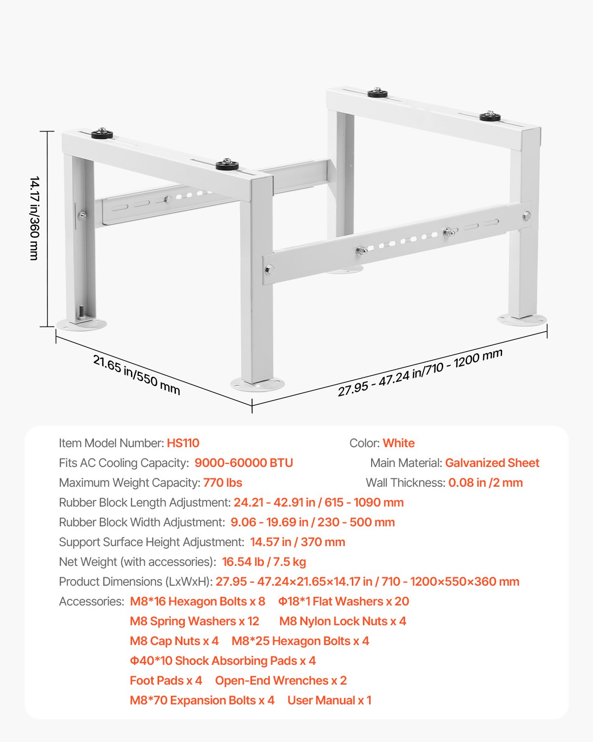 VEVOR Air Conditioner Floor Stand, Vibration-Dampening Mini Split Stand for Ductless Air Conditioners and Heat Pumps with 9000-60000 BTU, AC Base Bracket for Floor Mounting with a Maximum Load Capacity of 350 kg