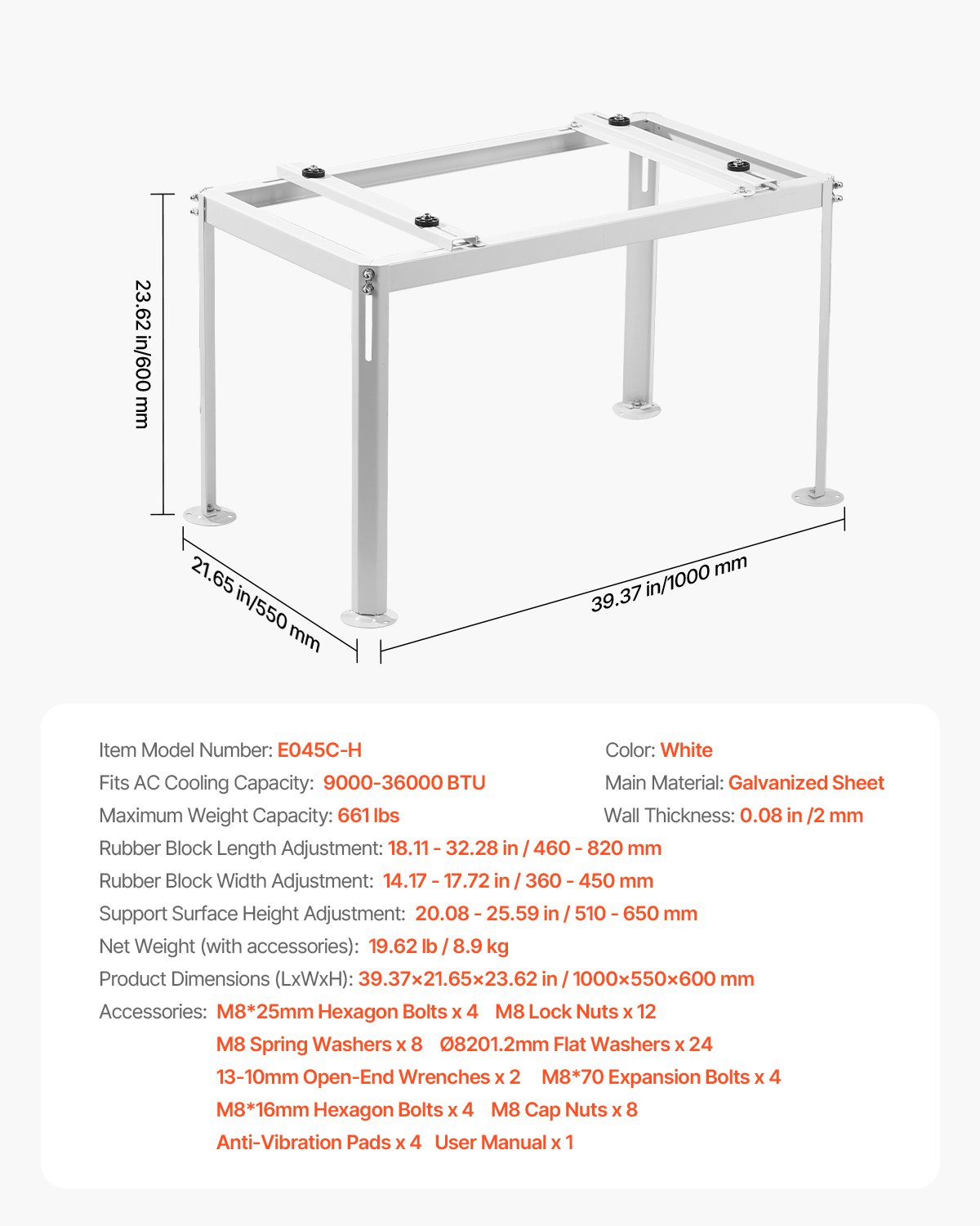 VEVOR Soporte de Suelo para Minisplit Ajustable y Antivibración para Aire Acondicionado sin Conductos 9000-36000 BTU Soporte de Base Resistente Capacidad de Carga Máxima de 300 kg, 100 x 55 x 60 cm
