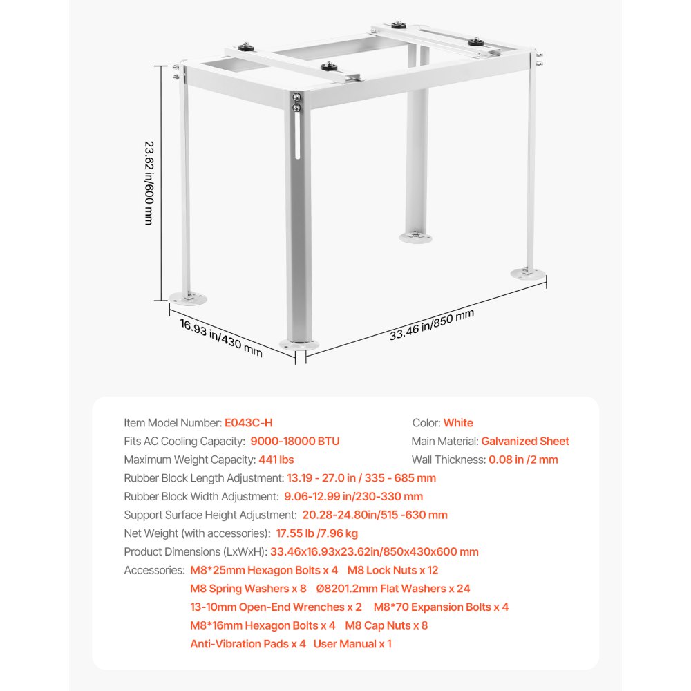 VEVOR Soporte de Suelo para Minisplit Ajustable y Antivibración para Aire Acondicionado sin Conductos 9000-18000 BTU Soporte de Base Resistente Capacidad de Carga Máxima de 200 kg, 85 x 43 x 60 cm