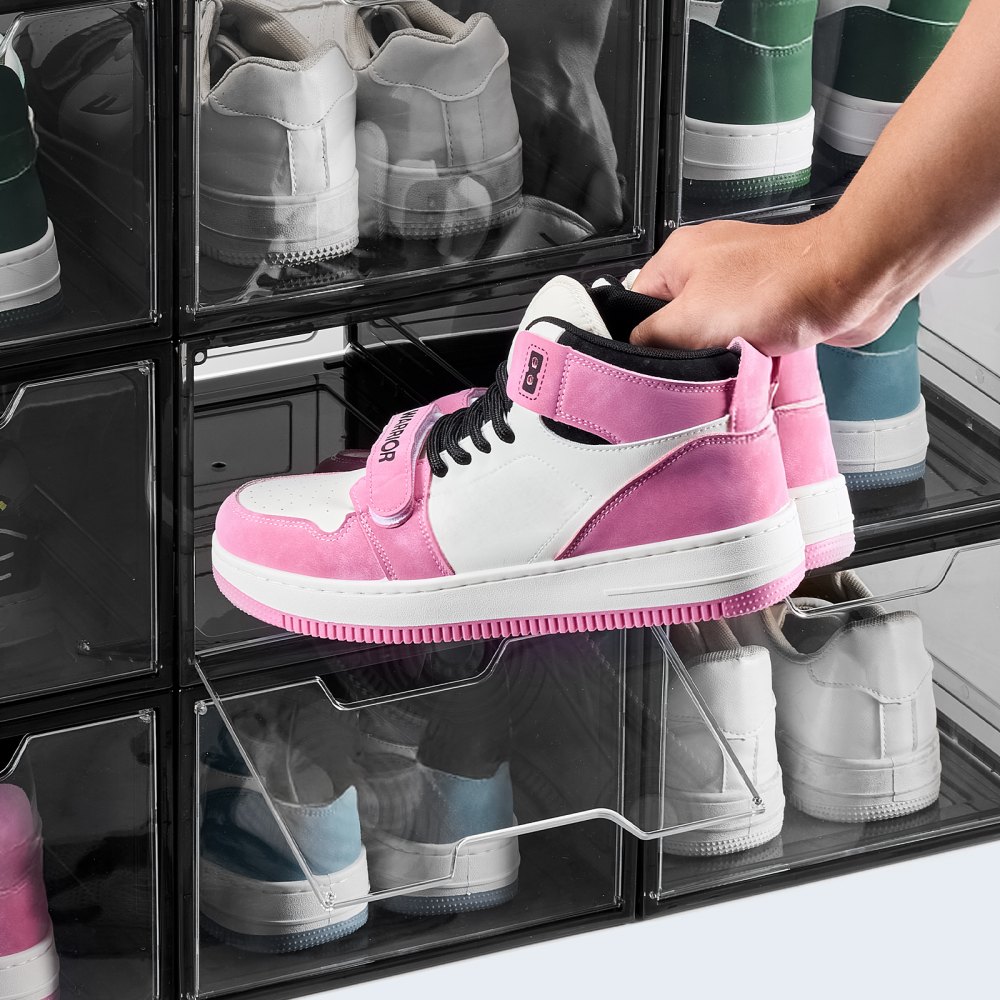 VEVOR Shoe Storage Boxes, 9 Pack Clear Stackable Shoe Boxes Storage Organizers with Magnetic Door, Fit up to US Size 13, Plastic Sneaker Containers for High Heels, Boots, and Hats, Transparent Black