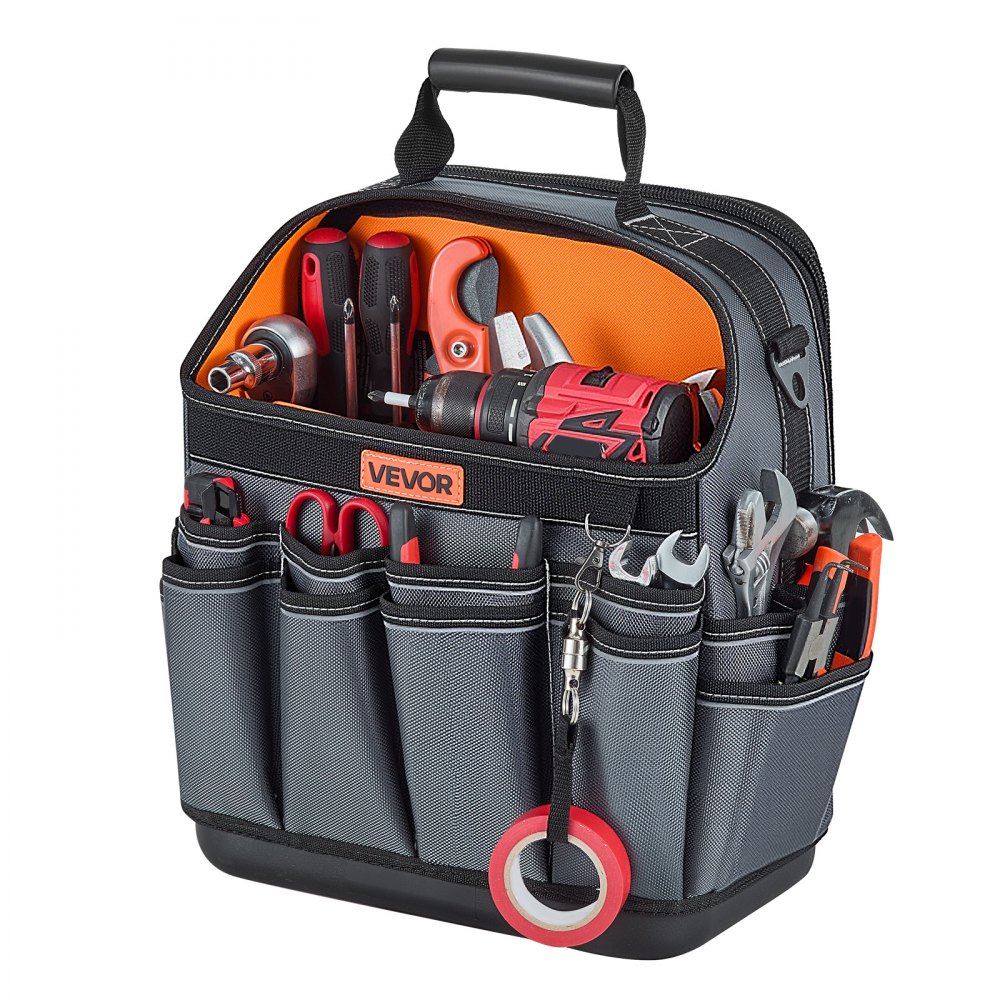 VEVOR Bolsa de Herramientas con 39 Bolsillos, Apertura Superior, Bolsa Organizadora Portátil con Correa Ajustable, Base de Plástico, Asa, Cremallera Grande para Mecánicos Electricistas Contratistas