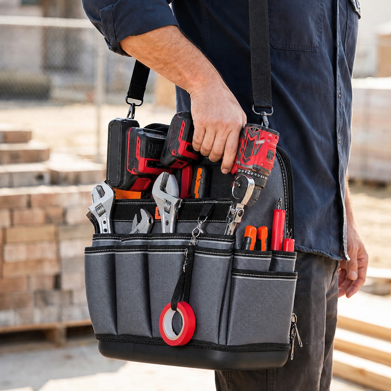 VEVOR Bolsa de Herramientas con 39 Bolsillos, Apertura Superior, Bolsa Organizadora Portátil con Correa Ajustable, Base de Plástico, Asa, Cremallera Grande para Mecánicos Electricistas Contratistas