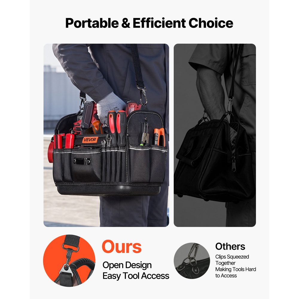 VEVOR Bolsa de Herramientas con 33 Bolsillos, Apertura Superior, Bolsa Organizadora Portátil con Base de Plástico, Correa Ajustable, Asa, Cremallera Grande para Mecánicos Contratistas Electricistas