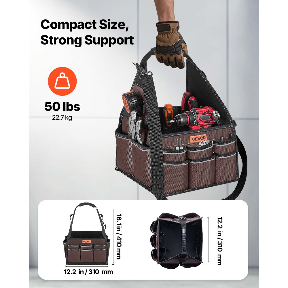 VEVOR Bolsa de Herramientas de 330 mm con 45 Bolsillos, Apertura Superior, Bolsa Organizadora Portátil con Correa de Hombro Ajustable, Asa, Cremallera Grande para Electricistas Mecánicos Contratistas