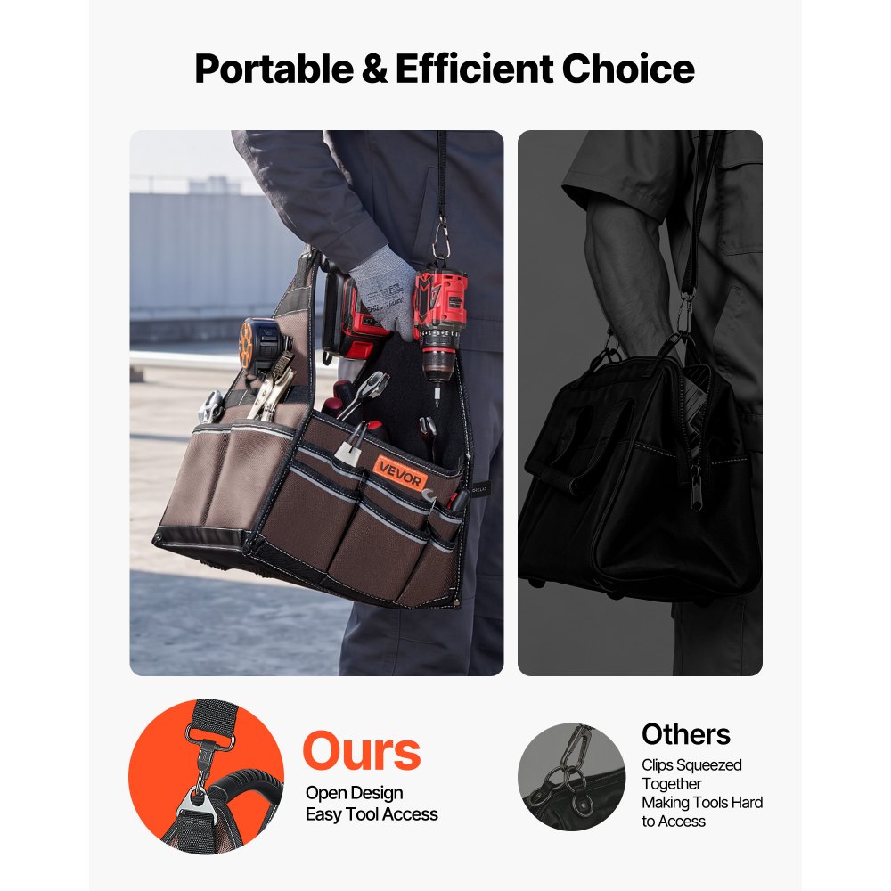 VEVOR Bolsa de Herramientas de 330 mm con 45 Bolsillos, Apertura Superior, Bolsa Organizadora Portátil con Correa de Hombro Ajustable, Asa, Cremallera Grande para Electricistas Mecánicos Contratistas
