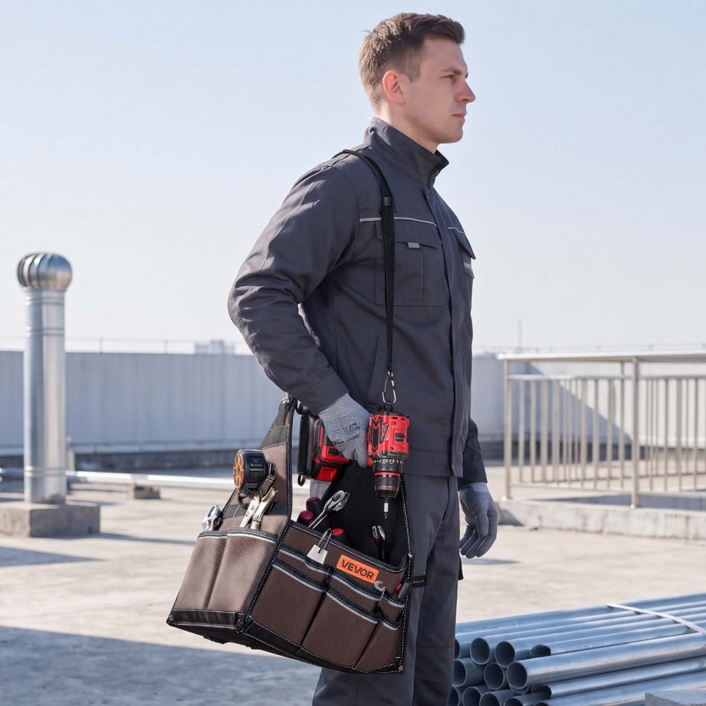 VEVOR Bolsa de Herramientas de 330 mm con 45 Bolsillos, Apertura Superior, Bolsa Organizadora Portátil con Correa de Hombro Ajustable, Asa, Cremallera Grande para Electricistas Mecánicos Contratistas