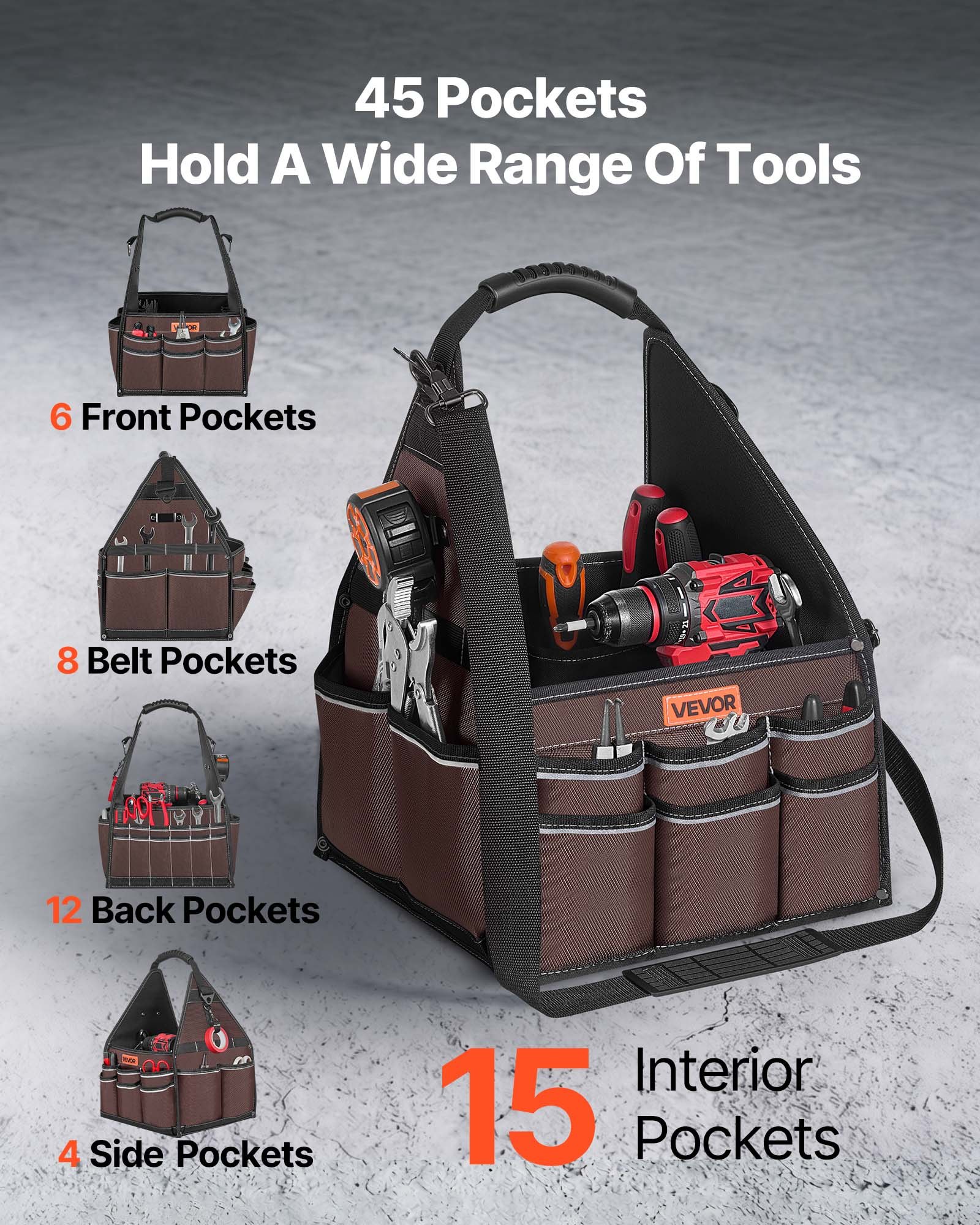 VEVOR Bolsa de Herramientas de 330 mm con 45 Bolsillos, Apertura Superior, Bolsa Organizadora Portátil con Correa de Hombro Ajustable, Asa, Cremallera Grande para Electricistas Mecánicos Contratistas