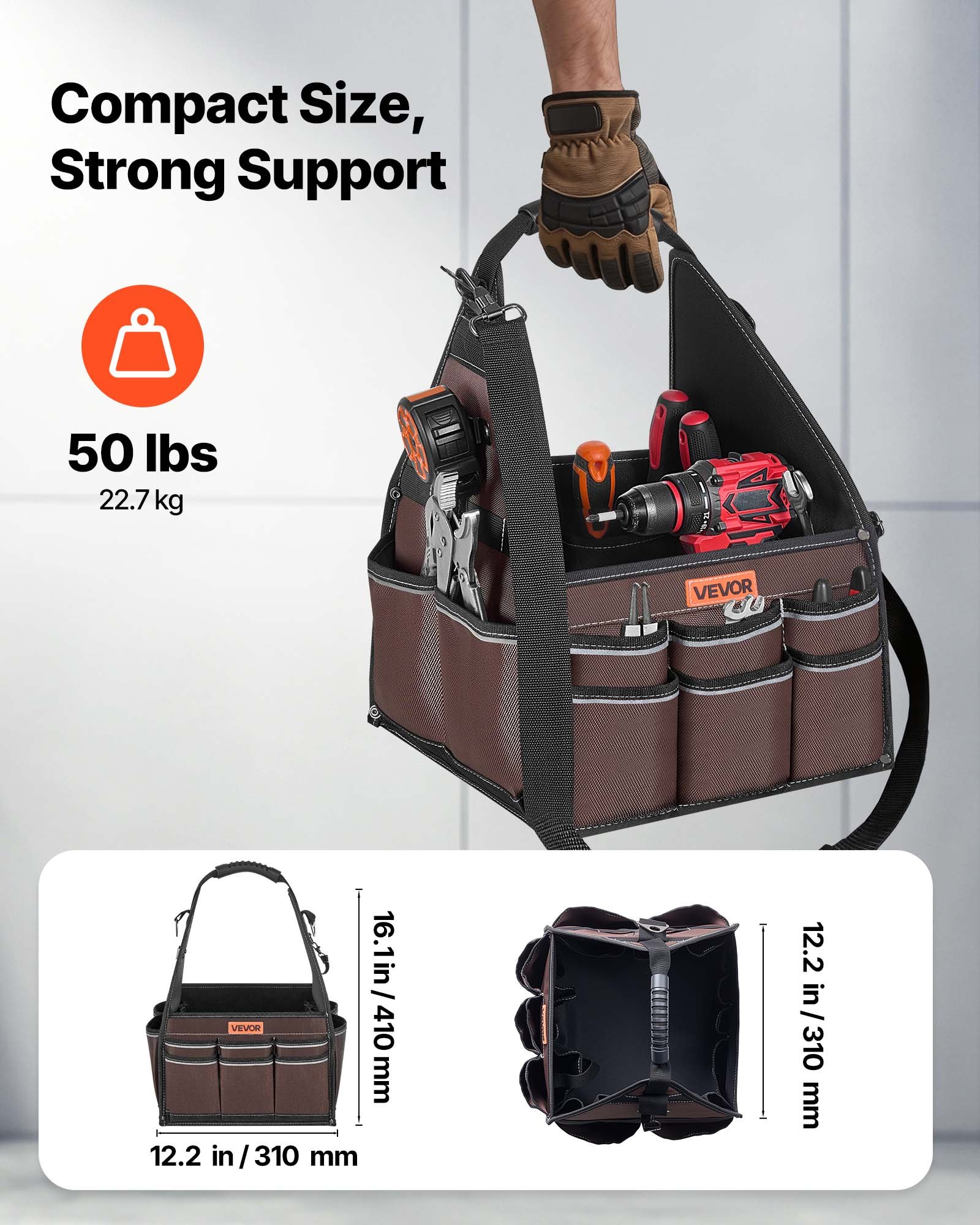 VEVOR Bolsa de Herramientas de 330 mm con 45 Bolsillos, Apertura Superior, Bolsa Organizadora Portátil con Correa de Hombro Ajustable, Asa, Cremallera Grande para Electricistas Mecánicos Contratistas