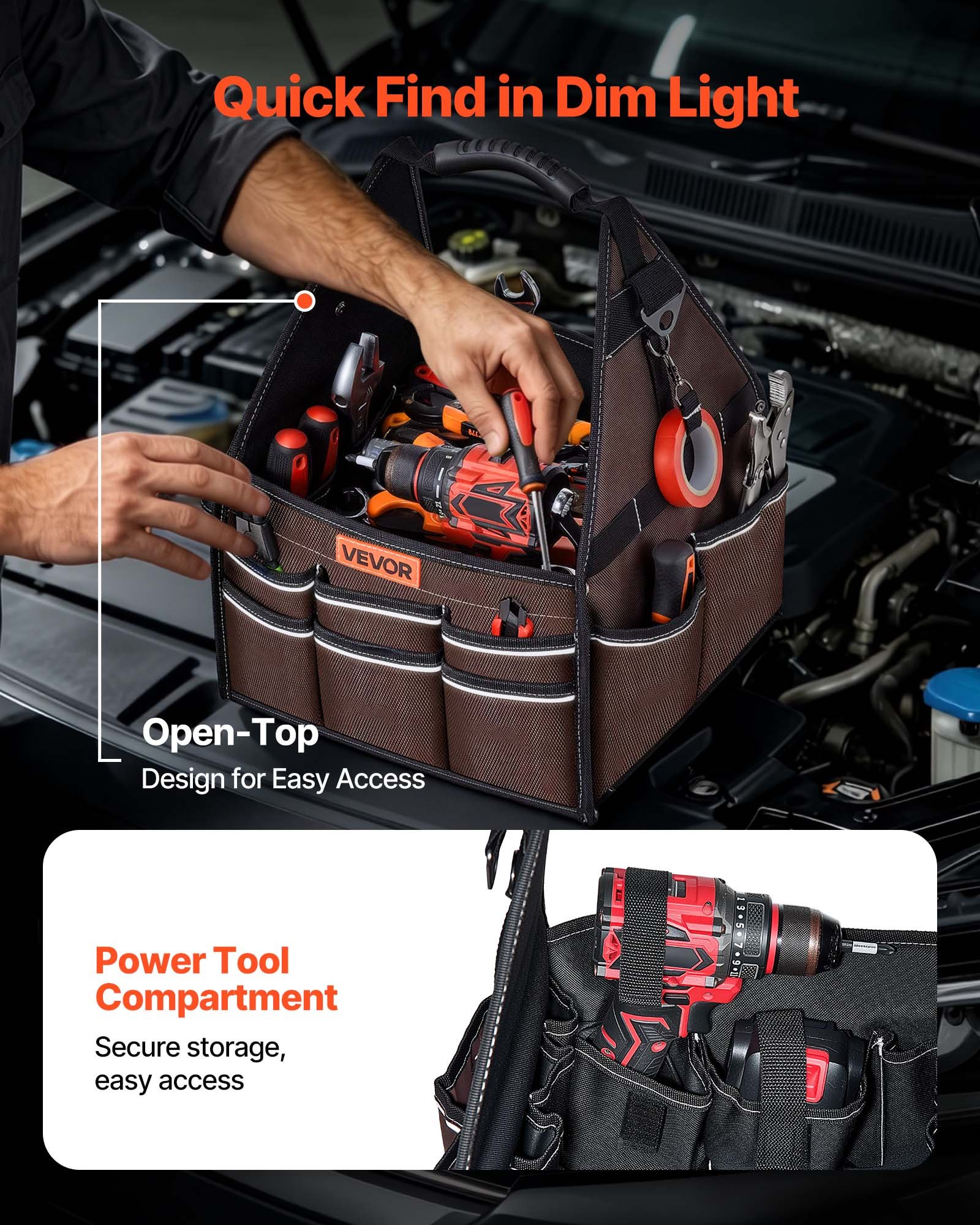 VEVOR Bolsa de Herramientas de 330 mm con 45 Bolsillos, Apertura Superior, Bolsa Organizadora Portátil con Correa de Hombro Ajustable, Asa, Cremallera Grande para Electricistas Mecánicos Contratistas